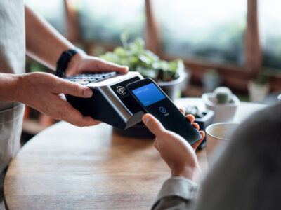 Close up of a male's hand paying bill with credit card contactless payment on smartphone in a cafe, scanning on a card machine. Electronic payment. Banking and technology